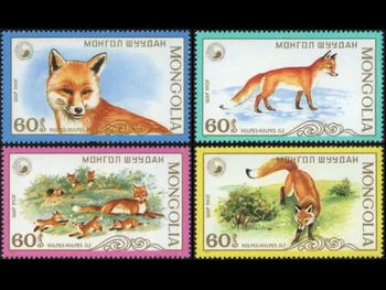  4 Бр, Монголия, Пощенска марка, 1987, Лисица, Печат на животното, Истински оригинален, Колекция в добро състояние, MNH