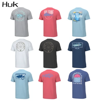  HUK-Мъжки ризи за риболов с къс ръкав, защита от ултравиолетови лъчи, дишащи потници, однотонная облекло за риболов