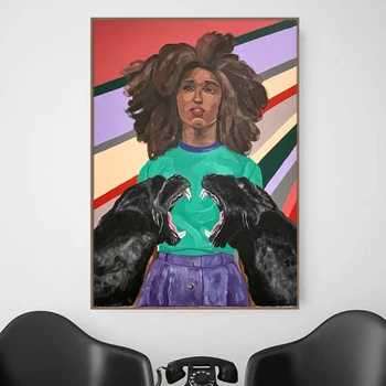  Афроамериканка Черен Леопард Плакат на Стенно Изкуство, Печат върху платно Модерна Фигурка на Животно Портрет Живопис Хол Начало Декор