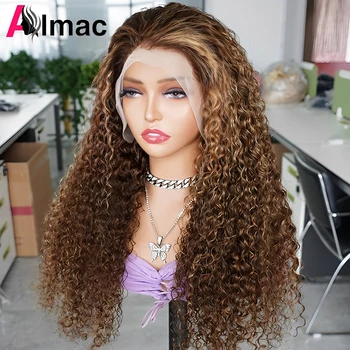  Бесклеевой P427 Highlight Джери Къдрава Перука от човешка коса на дантели за жени със затварянето 4x4, индийски перука Реми, плътност на 180%