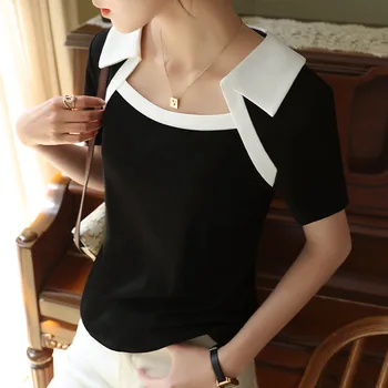  Висококачествени дамски блузи 2024 контрастен цвят, просто пролетно-лятна риза, дамски дрехи, Секси съкратен топ, блуза Y2k Момиче