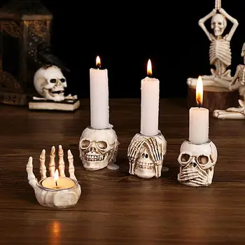  Готически титуляр от чаено лампи, Свещници с ужасно виртуален скелет и череп, Свещници от смола, Свещници, занаяти, Свещници Tealight, Свещници