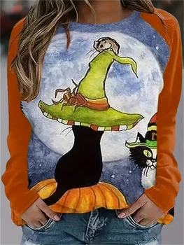  Дамска тениска с дълъг ръкав и кръгло деколте, жена топ тениска с принтом вълшебен котка, пуловер в плажен стил, ежедневни дамски дрехи, есен
