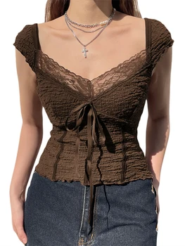  Дамски блузи на бретелях с V-образно деколте, без ръкави, дантелени, в стил мозайка, с отворен гръб, блузи за летните клубни партита