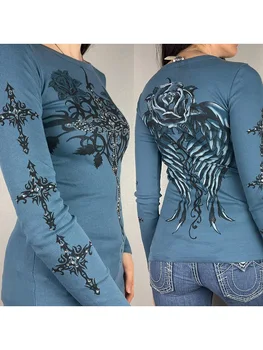  Дамски есенни ежедневни блузи в готически стил и синьо на цвят с дълъг ръкав и принтом под формата на страз, тънка тениска