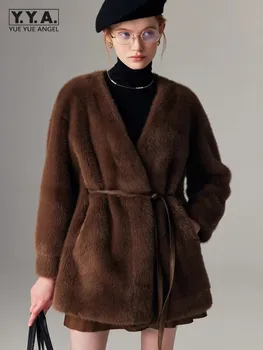  Дамско модно палто от изкуствена кожа с V-образно деколте, дантела, козината е със средна дължина, ежедневни връхни дрехи с дълъг ръкав, есенно-зимни Офис Дамски якета