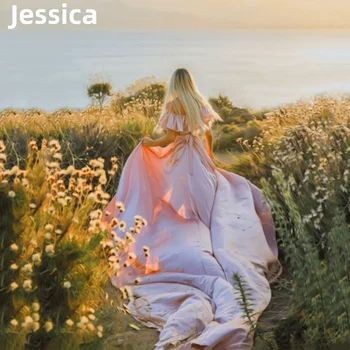  Джесика, Светло розови рокли за бала от копринен сатен, Секси разрез отстрани, Дълга опашка за специални случаи, официални дрехи
