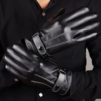  Зимни кожени ръкавици за мъже, черни, зимни, топли, за текстови съобщения със сензорен екран, Мотоциклетни ръкавици с кашемировой подплата, топли Ръкавици без пръсти