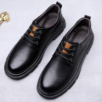  Кожени мъжки обувки в британския стил, новост 2023 г., большеголовые обувки с дебела подметка и висококачествена черна бизнес модела обувки-дерби