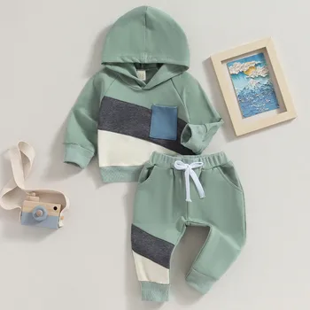  Комплекти панталон за новородени момчета, пролет-есен облекло, класически hoody с качулка и штанишками контрастен цвят в стил мозайка, бебешки неща