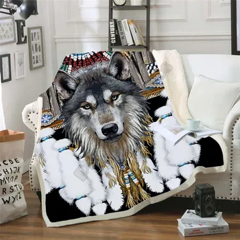  Красиво волчье одеяло с 3D принтом, подходящ за носене Одеяло за възрастни и деца, топло Шерп