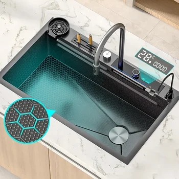 Кухненска мивка с водопад с цифров дисплей, голяма мивка с един слот от нано неръждаема стомана, Мивка с отпечатан под формата на сот