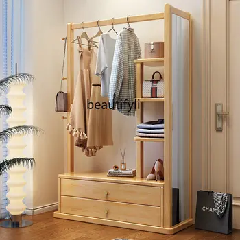  Лека Луксозна Закачалка за дрехи от масивно дърво в хола, Подови закачалка за съхранение на неща, Просто огледало за преобличане
