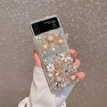 Луксозен калъф-бутилка с сладък мечок от планински кристал за Samsung Galaxy Z Флип 1 2 4 3 Модерен калъф с перли, диаманти и цветове, украсени с пискюли, във формата на любовта