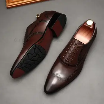  Луксозни черно-кафяви мъжки модел обувки от естествена телешка кожа, мъжки oxfords с перфорации тип 