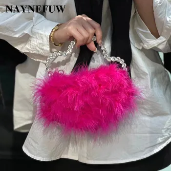  Модерна дамска чанта с кристали неправилна форма, модни луксозни вечерни чанти от изкуствена кожа и пера, чанта през рамо за сватбени партита, малък клатч