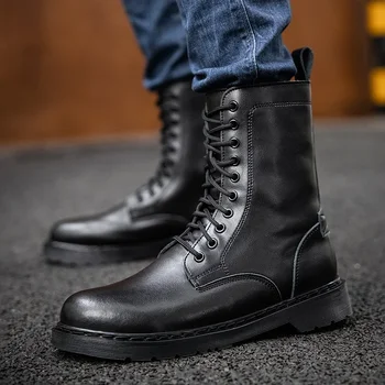  Модни черни ботильоны за мъже, мъжки обувки от естествена кожа, есен-зима улични мотоциклетни ботуши голям размер 48, високите военни обувки