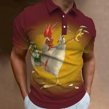  Мъжка риза с къси ръкави Кунг Фу пиле Тениска с къс ръкав За мъже 3D Животно Графична дрехи с копчета на лацканах Случайни топ пуловер голям размер