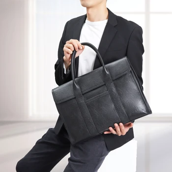  Мъжка чанта от естествена кожа 2024 Нова ежедневни бизнес мъжка чанта за компютър с голям капацитет Модерен портфейл с обикновена текстура