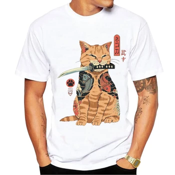  Мъжки t-shirt, Ежедневни Лятна тениска с аниме принтом котка с къс ръкав, стръмни летни тениски
