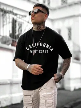  Мъжки памучен тениска с надпис California West Coast, индивидуалност, реколта ежедневни потници, тениска universal оверсайз, мъжки дрехи с къс ръкав