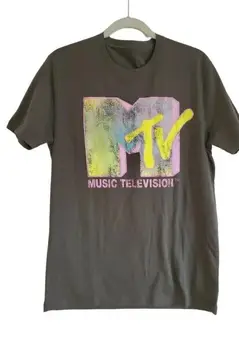  Нова мъжка тениска от сив памук с неонови осветена логото на MTV за средно музикално телевизия