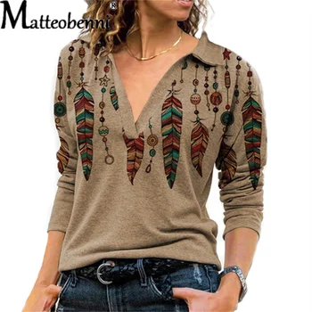  Новата женска тениска с винтажным принтом С дълъг ръкав, Модни Градинска дрехи С Ревери, Дамски Ежедневни Блузи За Пролетно-есенната стил Голям Размер