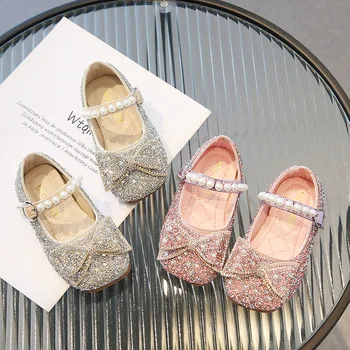  Обувки принцеса с декорация във формата на кристали за момичета, сезон Пролет-лято, 2024, Детски танцови обувки за партита с кристали и лък, детски балет апартаменти подметка