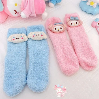  Плюшени чорапи Sanrio Melody Kuromi с анимационни модел, Зимни меки чорапи от коралов кадифе Cinnamoroll, Универсални топли домашни чорапи за пода В подарък