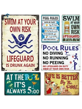  Предупредителни знаци за плуване в басейн, Лозунги за плуване, билбордове, Метални плакати, Оформяне на пана с логото на ретро стил за дома
