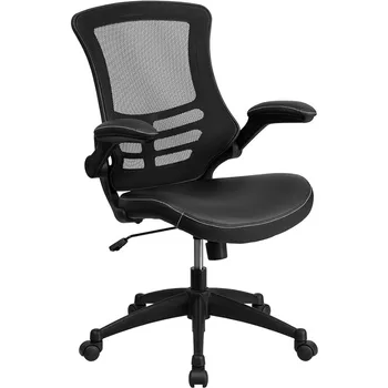  Регулируема лумбална подкрепа и височината на седалката, ергономична мрежест работен стол със седалка от мека кожа, черен