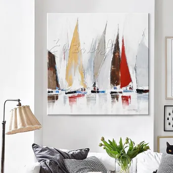  Ръчно рисувани Лодка с Платно, маслени бои Стенни картини за декора на стените на хола Художествена рисувани върху платно palette knife Лодка 46