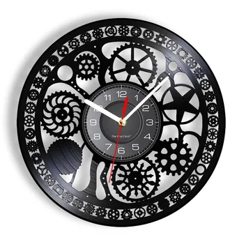  Стенен часовник с изрязани колело, изработени от рециклирани плочи в стил steampunk, с надпис на зъбни колела, ретро Стенен часовник в индустриален стил, Интериор на гаража