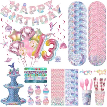  Украса за рожден Ден принцове-Русалките, балон от алуминиево фолио за Еднократна употреба Прибори, Покривка, Чанта за подаръци, Аксесоари за партита, Детски Душ.