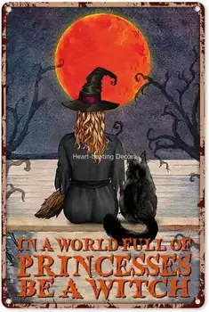  Хелоуин Вещица и Черна Котка в един свят, пълен с Принцеси, независимо Дали Фаянс Името на Вещици, Забавна Метална Тенекиен Името на Vintage Home
